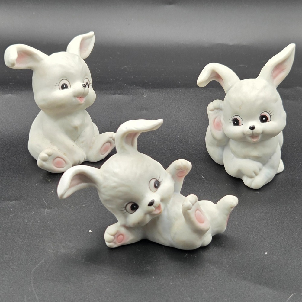Vintage Set of 3 Homco‎ Playful White Bunny Rabbits Porcelain #1458 EASTER gift